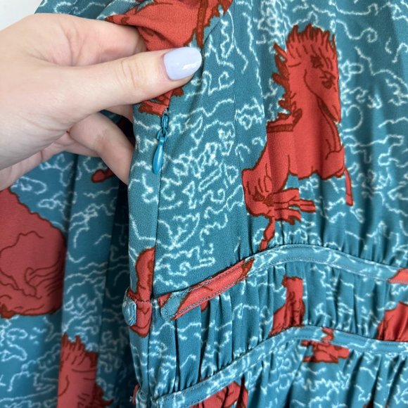 Rhode Mini Dress Velvet Plunge Neck Long Puff Sleeves Blue Horse Print Sz Small - Picture 9 of 9